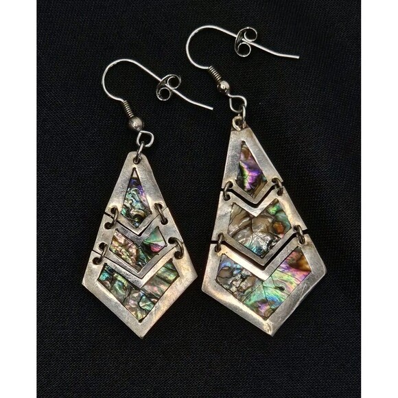 Mexico 925 Silver Abalone Shell Inlay Dangle Drop Vtg Earrings, Different Sizes - Picture 2 of 9